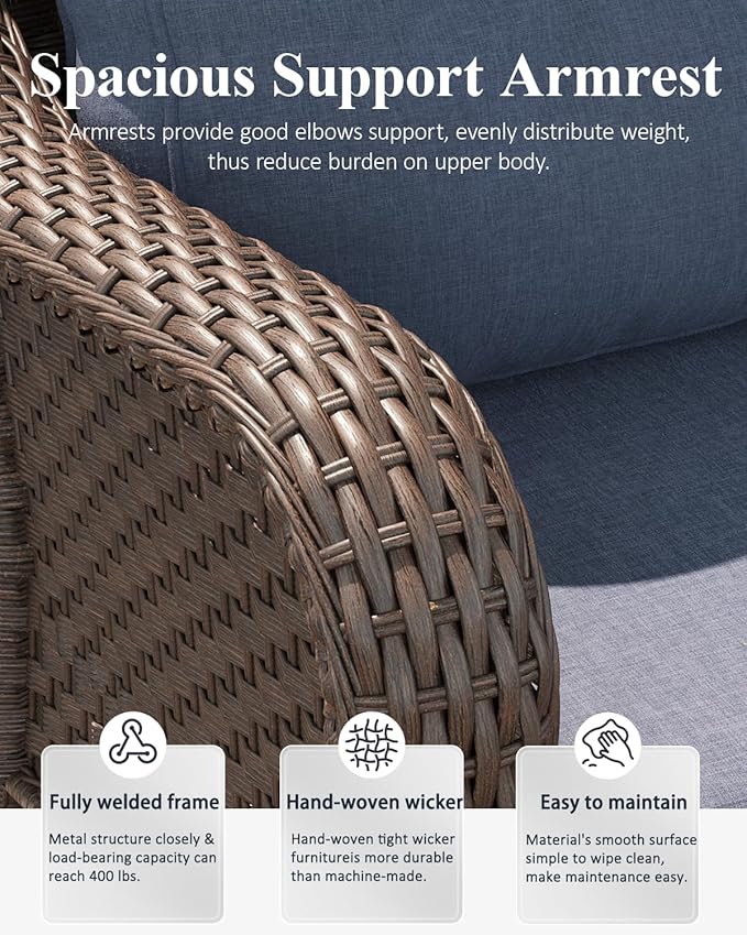 LayinSun 5 Piece Wicker Outdoor Furniture Set with 6-inch Comfy Cushions, High Back Patio Furniture Set with Swivel Rocking Chairs and Side Table