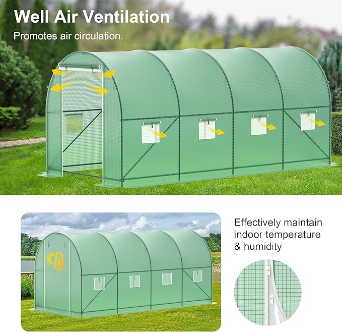 Greenhouse, 15’x7’x7’ Upgraded Walk-in Greenhouse with Spraying System, Heavy Duty Tunnel Green House with 6 Ventilated Mesh Windows & Zippered Roll-up Door, Large Plant Garden Hot House Outdoor
