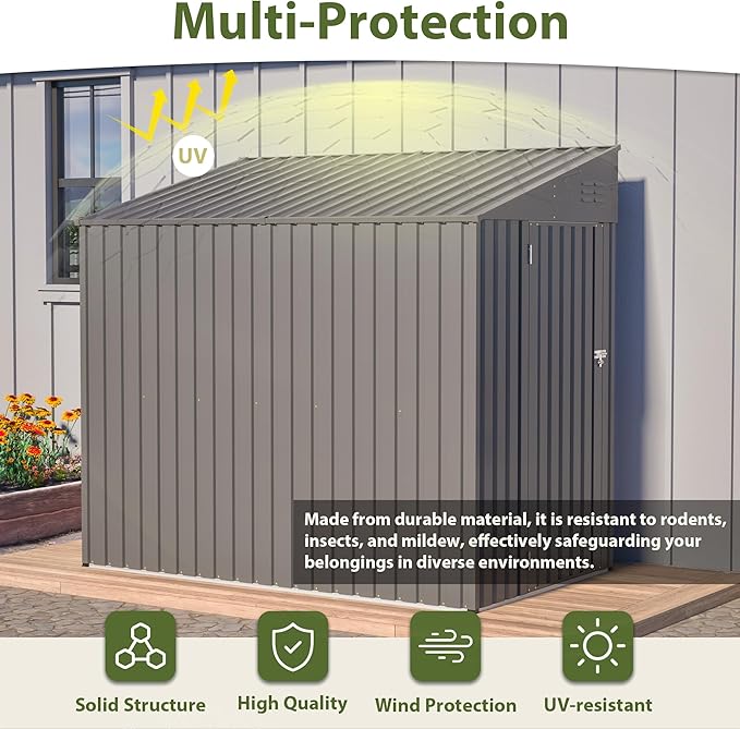 4×7 Ft Lean to Shed, Small Metal Outdoor Storage Shed, 0.25mm Galvanized Steel Metal Garden Tool Shed Waterproof with Lockable Door for Backyard, Patio, Garden, Grey