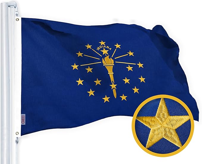 G128 Indiana State Flag | 2x3 Ft | StormFlyer Series Embroidered 220GSM Spun Polyester | Embroidered Design, Indoor/Outdoor, Brass Grommets, Heavy Duty, All Weather