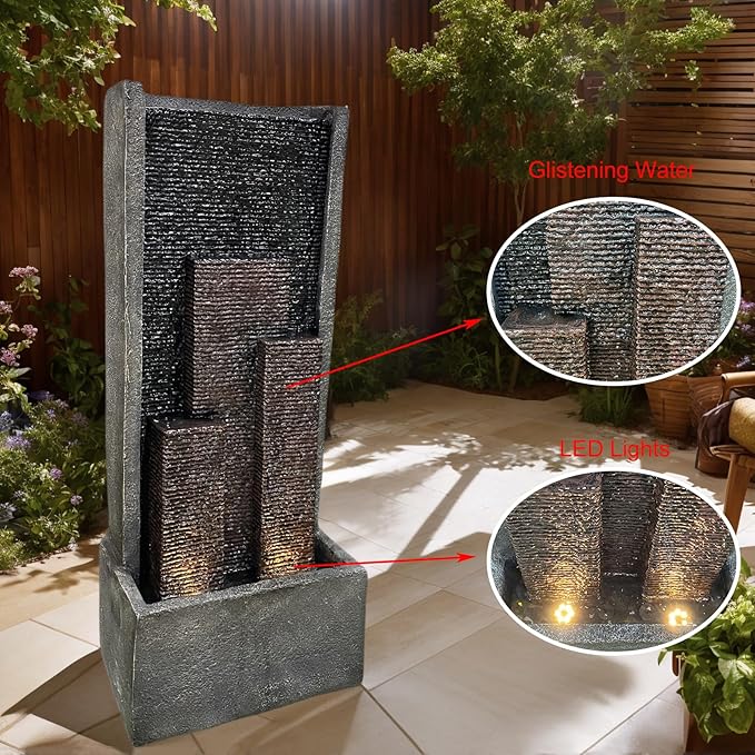 39.37" H Modern Water Fountain with Lights & Pump, Indoor/Outdoor Cascading Resin Waterfall Standing Fountain for Garden, Patio, Yard, Christmas Decor