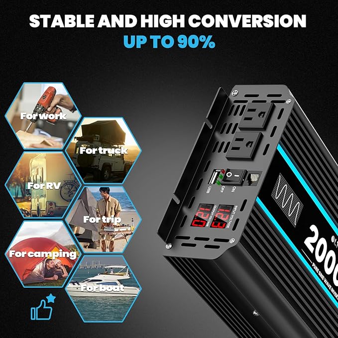 2000 Watts Pure Sine Wave Inverter 12V DC to 110/120V AC Power Inverter with 2 AC Outlets, 3.1A USB Port, LCD Display, Remote Controller, Car Power Converter for Truck, Home, Vehicles, Boat