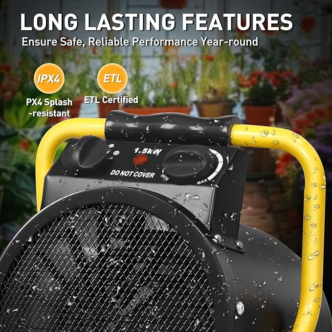 Portable Greenhouse Heater, Overheat Protection, 1500W Radiant Electric Heater for Indoor and Outdoor Use, Garage, Grow Tent, RV, IPX4 Water Resistant, 1 Piece, Black