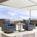 Outdoor Swivel Rocker Chairs, Patio Swivel Chair Set, Two Swivel Patio Wicker Chairs with One Side Table, Grey/Blue