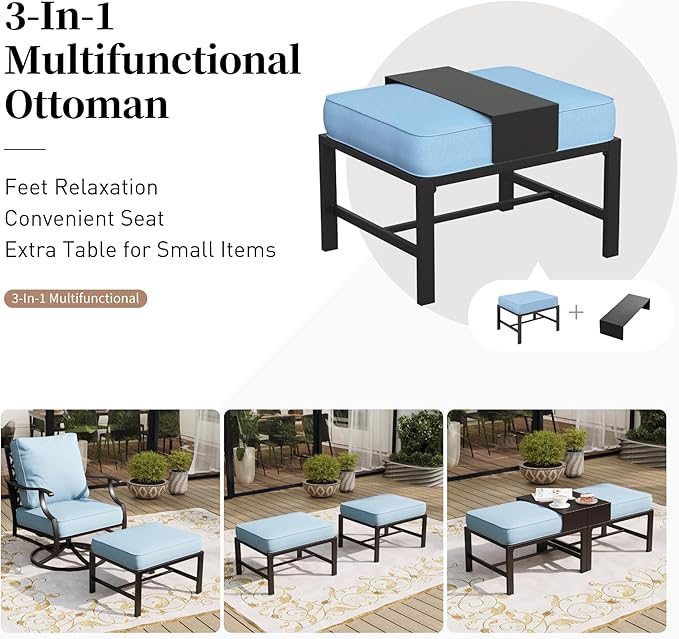 6 Piece Metal Outdoor Patio Furniture Set, Patio Conversation Set 1 3-seater Sofa, 2 Rocking Chair, 2 Ottomans with 5.75" Thick Cushion and Coffee Table, Black Backyard Furniture, Blue