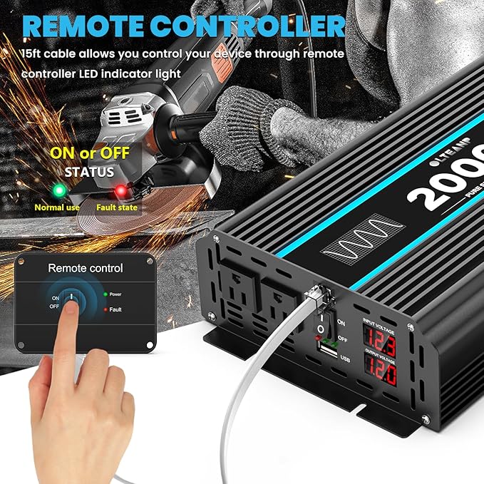 2000 Watts Pure Sine Wave Inverter 12V DC to 110/120V AC Power Inverter with 2 AC Outlets, 3.1A USB Port, LCD Display, Remote Controller, Car Power Converter for Truck, Home, Vehicles, Boat