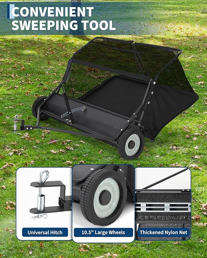 48" Lawn Sweeper Tow Behind, Pull Behind Yard Sweeper, 26 Cu. Ft Large Hopper Leaf & Grass Collector, Heavy Duty Garden Sweeper with Adjustable Sweeping Height for Yard, Lawn, Farm