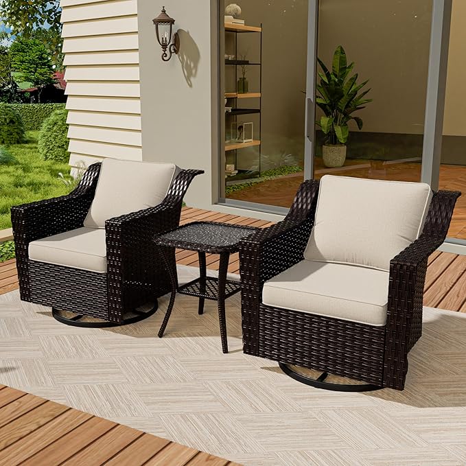 Vista Vibe 3 Pieces Outdoor Patio Conversation Furniture Set - 360 Degree Swivel Glider Rocker Chairs | Wicker End Table, Washable Cushions, Hand-Woven PE Rattan, Lawn, Sunroom (Brown/Beige)