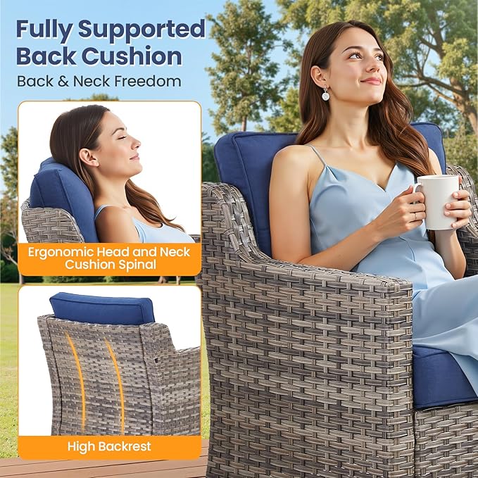 Patio Furniture Set, 6 Pieces Outdoor Wicker Rattan Sofa Couch with Swivel Rocking Chair, Side Table, Ottoman and Comfy Cushions, All Weather Patio Conversation Sets, Suit for Porch