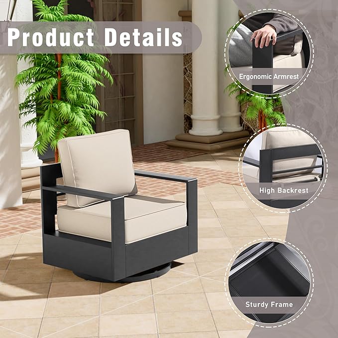 6 PCS Aluminum Patio Conversation Set - 3-Seater Sofa, 2 Swivel Chair, 2 Fixed Chair, 1 Metal Table with 6" Thick Water-insistant Cushions, All-Weather Use Removable Cover (Beige)