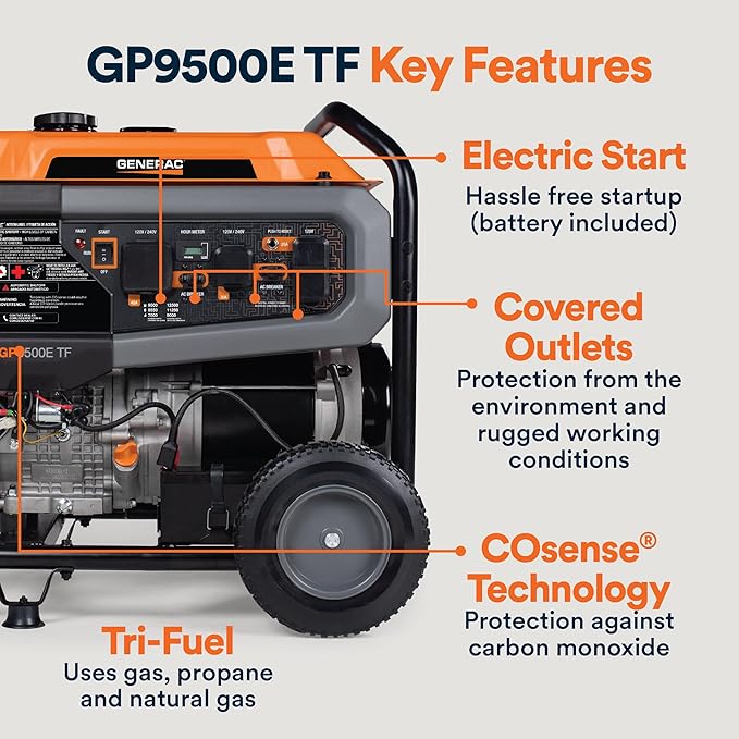 Generac 12,500 Starting Watt Tri-Fuel Portable Generator - Electric Start - Gas, Propane or Natural Gas - Home Backup, Jobsite, or RV - Quiet Operation - Long Runtime - 49-State Compliant