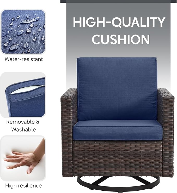 5 Piece Wicker Patio Furniture with Fire Pit Table - Outdoor Conversation Set with 50,000 BTU Fire Pit, All Weather Rattan Patio Set for Deck Backyard Garden - Brown Wicker Blue Cushion