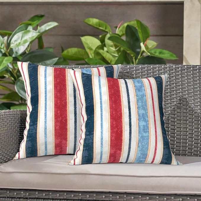 LVTXIII Outdoor Throw Pillows, Decorative Throw Pillows with Inserts, 16"x16" Square Pillows for Bed, Couch, Sofa and Patio Furniture, Set of 2, Stripe Red Blue
