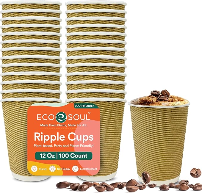 ECO SOUL 12oz Compostable Ripple Cups (100 Pack) – Biodegradable Paper Cups, Non-Toxic Disposable Cups for Hot Drinks, To-Go Coffee Cups, Eco-Friendly & Ripple Paper Cups