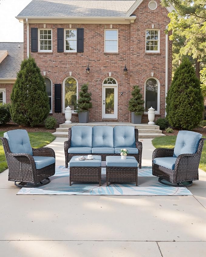 Pop 22x25/22x24 Outdoor Replacement Cushions - 1 Set High Back Deep Seat Patio Furniture Cushion for Rattan Dining Swivel Rocking Chairs Loveseat Couch Sectional Sofa - Baby Blue/Button