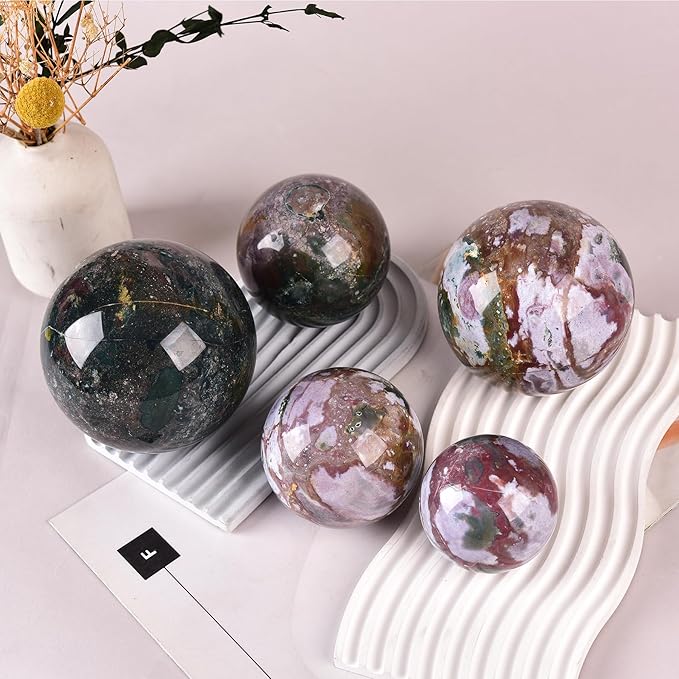 JIC Gem Ocean Jasper Crystal Ball with Wooden Stand Healing Crystal Sphere Ball for Feng Shui Decor Spiritual Gifts 70-80mm
