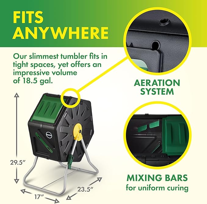 Miracle-Gro Compost Tumbler Single Chamber – Easy-Turn Composter Tumbler Outdoor for Fast Composting – Heavy-Duty Composting Bin with 1 Sliding Door (18.5 Gallon / 70 Liter)
