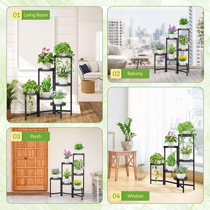 iDavosic.ly Plant Stand Indoor Outdoor, 6 Tier Corner Metal Flower Display Holder Shelf, Folding Tall Orchid Rack for Patio Balcony Porch Garden Living Room House, Wrought Iron - Modern Black