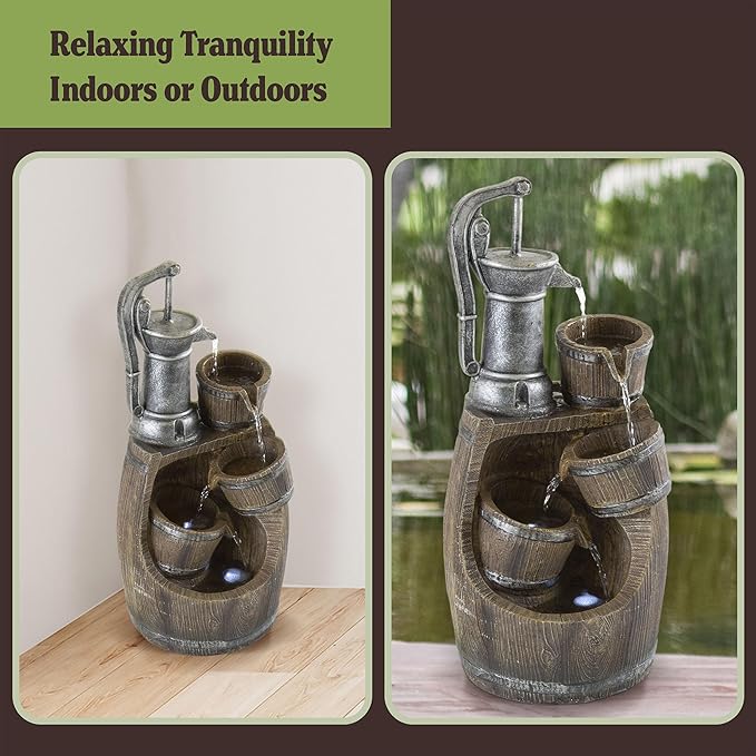 Pure Garden Water Fountain Outdoor Waterfall with Pump and LED Lights - Old Fashioned Rustic Barrel 4-Tier Indoor or Outdoor Fountain - Patio, Deck, Balcony or Backyard Water Fountains with Lights
