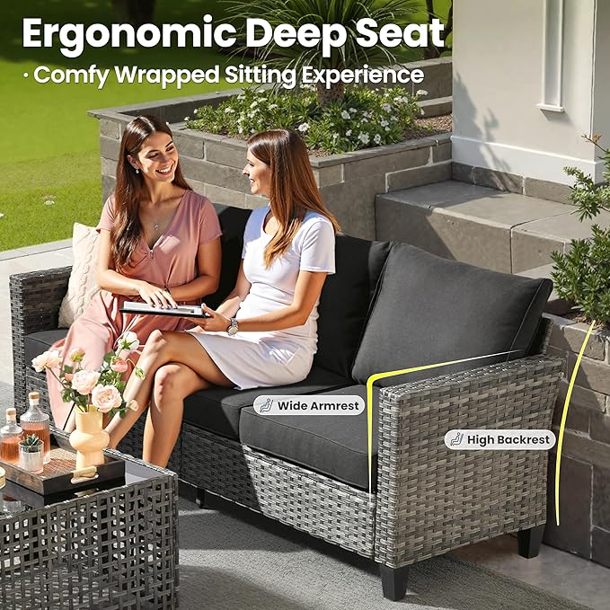 ovios 7 Pieces Patio Furniture Set with 42" Fire Pit Table, Outdoor Sofa Couch with Solar Lights Table Comfy Cushions, Modern Deep Seat Wicker Rattan Conversation Set, Black