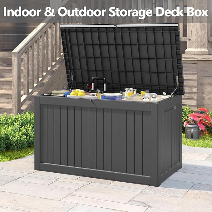 230 Gallon Outdoor Storage Box, Deck Box Resin Waterproof and UV Resistant Lightweight Deck Box for Garden Tools, Pool Supplies Organization