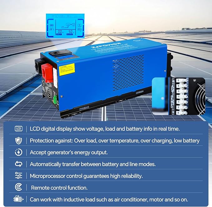 ZLPOWER 6000W 24V DC Pure Sine Wave Inverter, 18000W Peak, 120V/240V AC Split Phase Output with Battery Charger, LCD Display, Off-Grid Low Frequency Inverter for Home RV Camping (6000W)