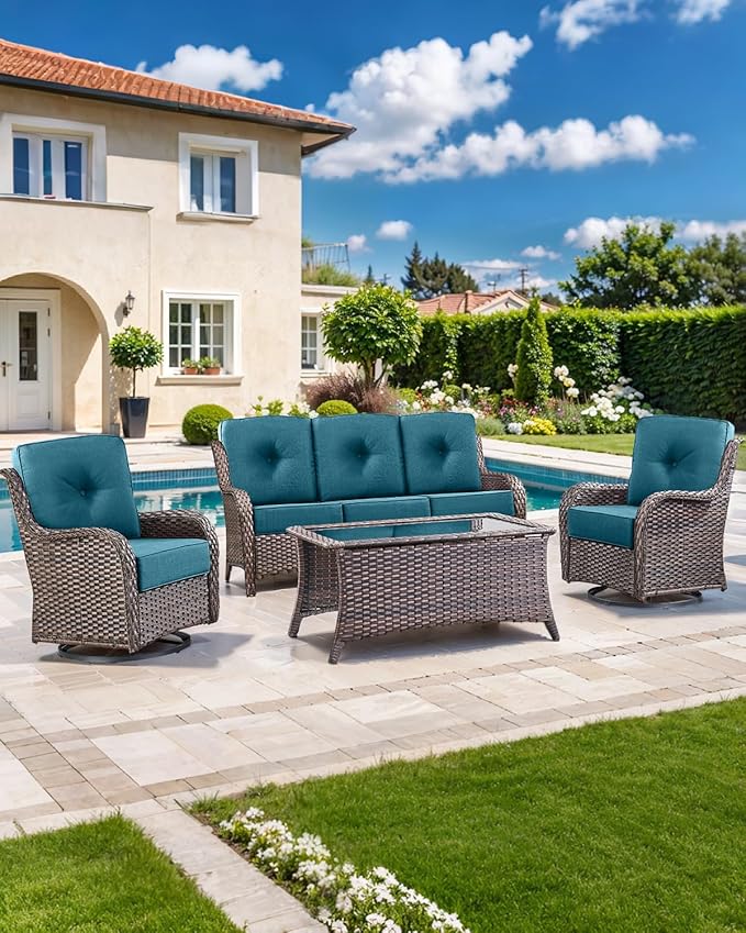 Luxury 22x24/22x25 6-Inch Outdoor Deep Seat Cushions Set of 6 - Comfortable Patio Zipper Chair Cushion for Wicker Wicker Rocking Swivel Chairs Loveseat Couch Sectional Sofa - Peacock Blue