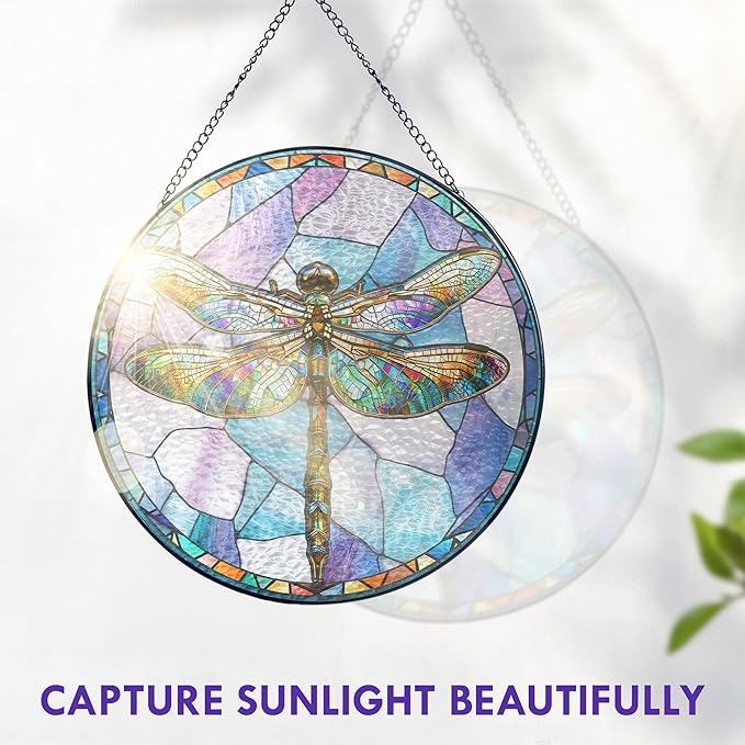 FLAGWIX Christmas Dragonfly Gifts for Women Men - Stained Glass Window Hanging 8 in - Dragonfly Garden Decor for Yard Decorations Outdoor, Sun Catchers Window Ornament for Home Christmas Decorations
