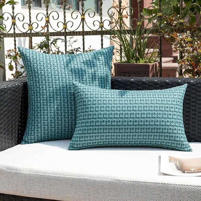 Kevin Textile Outdoor Waterproof Throw Pillow Covers Pack of 2 Farmhouse Decorative Cushion Covers for Garden Patio Tent Balcony Bench Couch Sofa 22x22 Inch, Teal