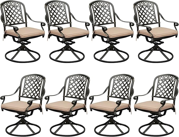 Set of 8 Cast Aluminum Patio Chairs with Cushions, All-Weather Aluminum Outdoor Swivel Chairs, Metal Outdoor Rocking Chairs for Backyard, Poolside and Bistro (Khaki, 8 Pieces)