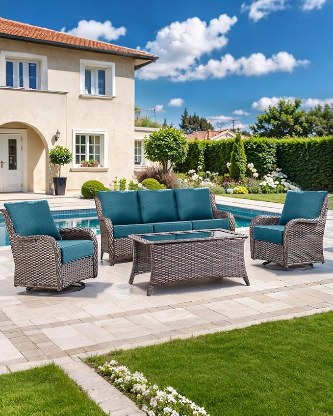 Luxury 22x24/22x25 6-Inch Patio Chair Cushions Set of 3 - Memory Foam Deep Seat Water-Resistant Patio Cushion for Lawn Dining Rocking Swivel Chairs Loveseat Sectional Sofa - Peacock Blue