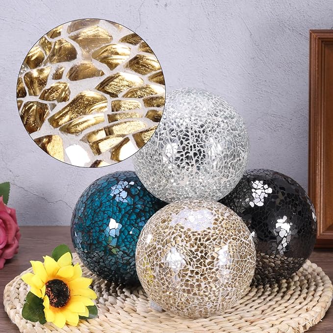 uxcell 4" Decorative Balls, 3 Pcs Mosaic Glass Balls, Decorative Table Sphere Orbs, Centerpiece Balls for Decorating Bowls Vase Tables Wedding Party, Gold