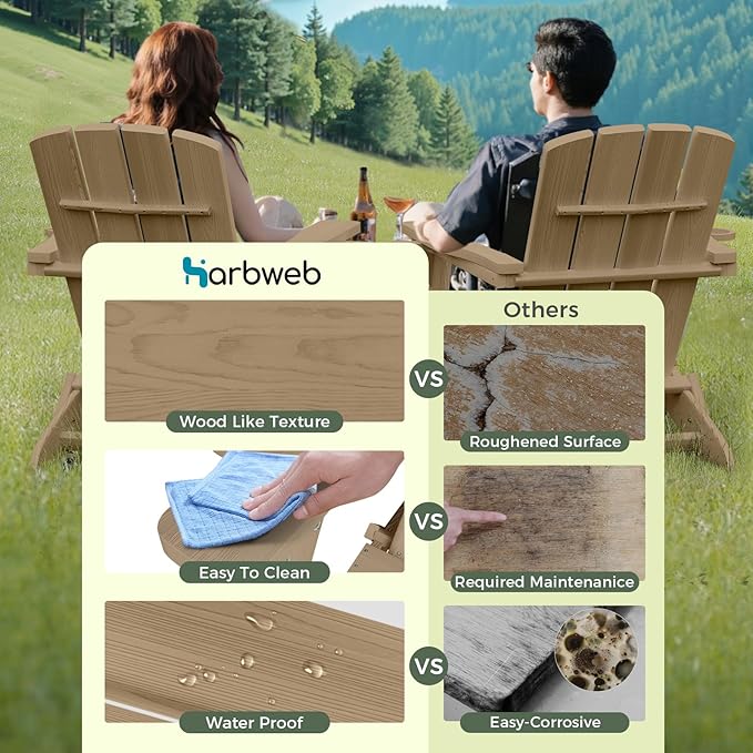 Folding Adirondack Chair Wood Texture 6 Pack, HDPE All-Weather Fire Pit Chairs, Plastic Adirondack Chairs with 2 Cup Holder, Outdoor Lawn Chair for Patio Garden (Teak)