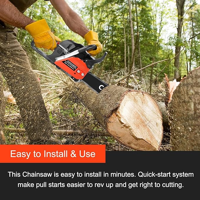 COOCHEER 62CC Gas Chainsaw 20 Inch Gasoline Powered Chain Saws 12000r/min 3.5 HP 2-Cycle Power Chain Saw Cordless Gas Powered Chainsaw with 2 Chains for Tree Branches Wood Cutting