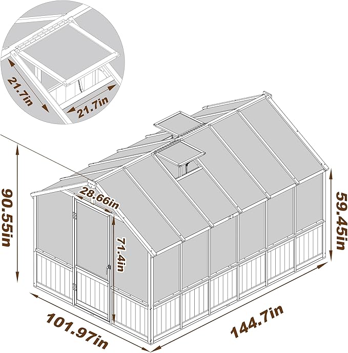 BlueWish 8x12 FT Greenhouse for Outdoors, Wood Green House with Cedar Frame & 6MM Thick Polycarbonate Panel, Walk in Greenhouse with Adjustable Vents for Outdoor, Patio, Garden, Backyard