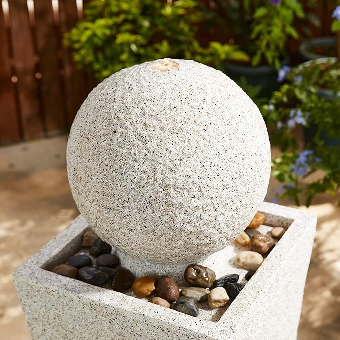 Glitzhome Outdoor Water Fountain with LED Light, Modern Oversized Sphere Pedestal Water Fountain with Submersible Pump, Modern Geometric Outdoor Fountains for Garden Patio Porch, 40.25" H
