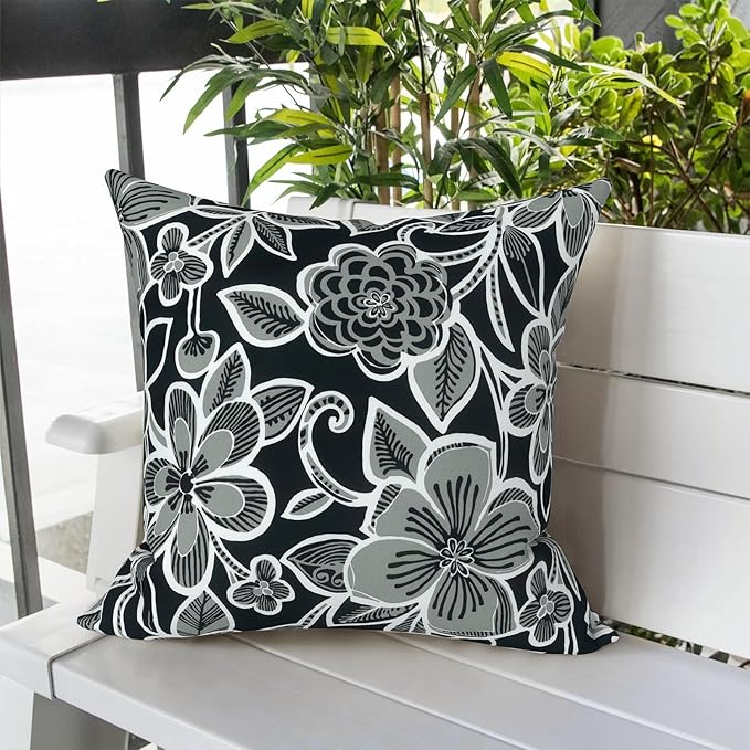 LVTXIII Outdoor Throw Pillows, Decorative Throw Pillows with Inserts, 16"x16" Square Pillows for Bed, Couch, Sofa and Patio Furniture, Set of 2, Flower Black