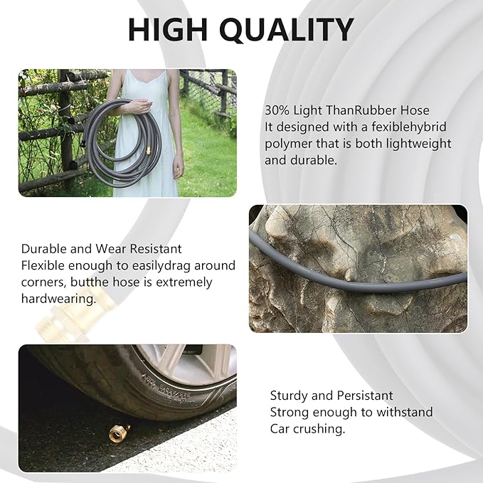 Garden Hose 5/8" x 25ft - Heavy Duty Rubber Water Hose 600 PSI Burst Pressure, No Kink & Durable Flexible Hose for Yard, Car Wash, Pets Gray