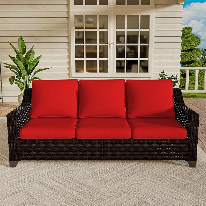 Vista Vibe 78" Patio Wicker 3-seat Sofa, Deep Seat & Upholstered Loveseat, Outdoor All-Weather Rattan Couch with Removable Cushions, Steel Frame Couch for Garden, Poolside (Brown/Red)
