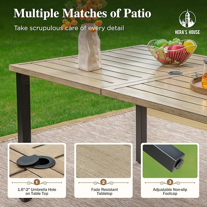 HERA'S HOUSE 7-Piece Outdoor Dining Set for 6, 60" Weather-Resistant Metal Patio Table with 6 Foldable Black Chairs, Perfect for Garden, Backyard, Porch & Lawn (Space-Saving Design)