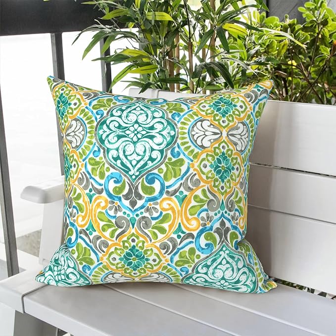LVTXIII Outdoor Throw Pillows, Decorative Throw Pillows with Inserts, 16"x16" Square Pillows for Bed, Couch, Sofa and Patio Furniture, Set of 2, Damask Green