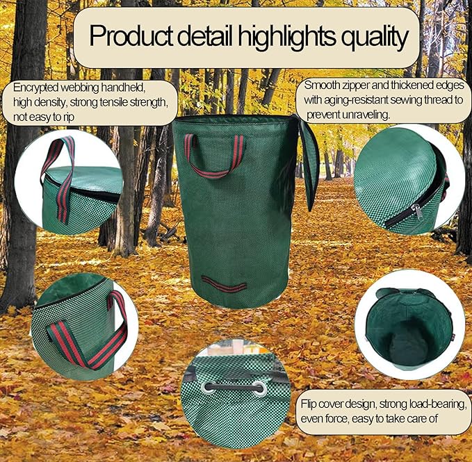 Garden Bags for Leaves, Leaf Bags Reusable Zippered Top with Yard Leaf Collector Bag Heavy Duty with 4 Handles Garden Leaf Bag Leaf Collector Come with Gloves (80Gallon)