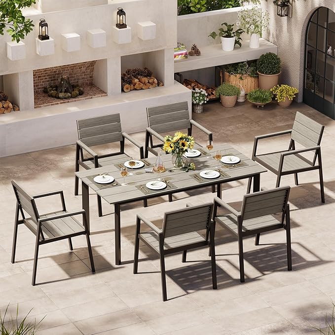 67" Rectangle HDPS Patio Dining Table, Aluminum Outdoor Patio Dining Table with Umbrella Hole, Weather-Resistant for Lawn, Garden, Yard, Poolside and Indoor Use, Gray