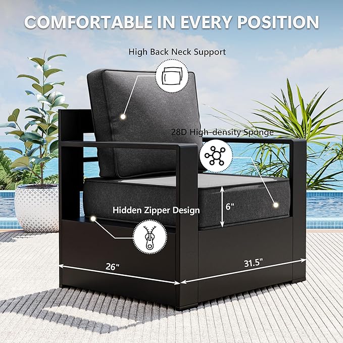 Outdoor Patio Furniture Set, 3-Piece Aluminum Patio Conversation Set All-Weather Metal Outdoor Sectional with 6 Inch Thick Cushions, Deep Setting for Garden, Outside and Porch