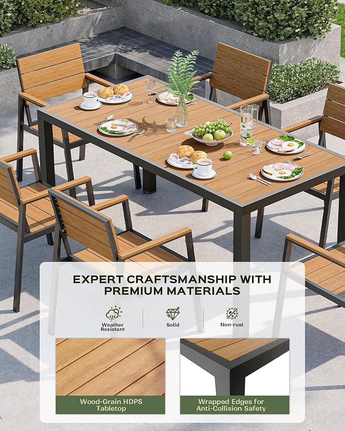 Outdoor Dining Set for 6, Patio Table and Chairs Set, Aluminum Patio Furniture Set with Umbrella Hole, HDPS Patio Dining Table Set for 6 (Gray-Teak)