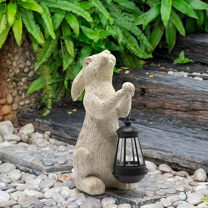 Garden Statues Rabbit with Solar Lights- Bunny Figurine Outdoor Rabbit Fall Decor for Home Lawn,Balcony-Yard Art Garden&Patio Whimsical Decor,Unique Housewarming&Birthday Gifts for Women Mom