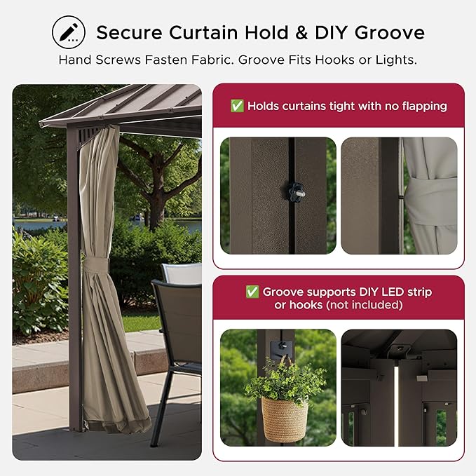 SUNJOY Kingston 12' x 10' Hardtop Gazebo with Galvanized Steel/Polycarbonate Double Roof, Curtain and Netting, Brown Aluminum Posts Permanent Pavilion Gazebo for Garden, Patio, Deck, Lawn