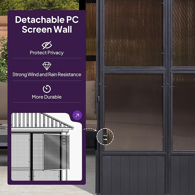 PURPLE LEAF 12' X 20' Sunroom Patio Hardtop Gazebo Double Top Galvanized Steel Screen House Aluminum Sun Room Outdoor Solarium for Garden Backyard and 36 Solar String Light