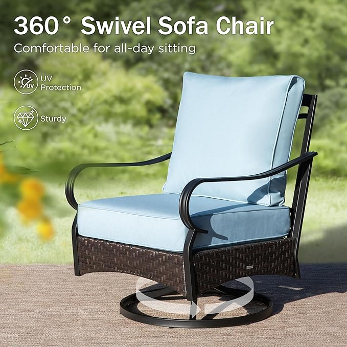 PHI VILLA Patio Swivel Chairs Set of 2, Outdoor Wicker Chairs with Thick Cushion, All Weather High Back Outdoor Furniture for Balcony Porch and Yard