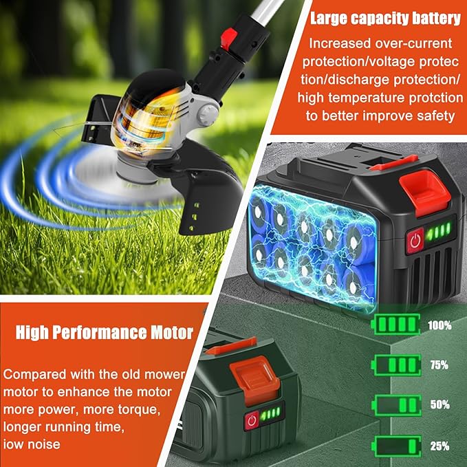 Electric Weed Wacker Eater Cordless Battery Powered, Weed Trimmer 4.0Ah Lightweight No-String with 2 Battery Operated & Wheels, 3 in 1 Stringless Grass Trimmer/Edger/Brush Cutter for Garden Yard Lawn